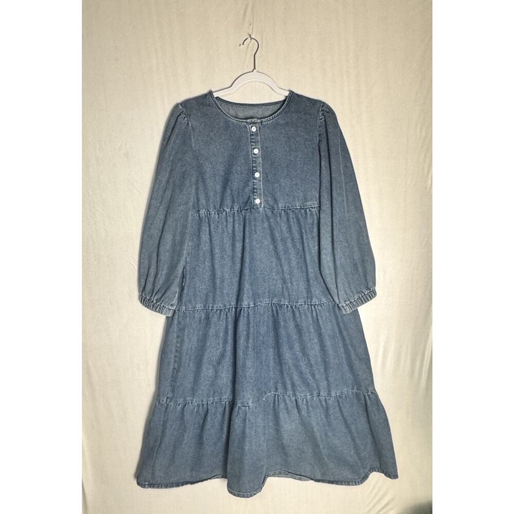 Blue Denim Womens Tiered Prairie Dress Puff Sleeve Cottagecore Peasant Boho Sz L